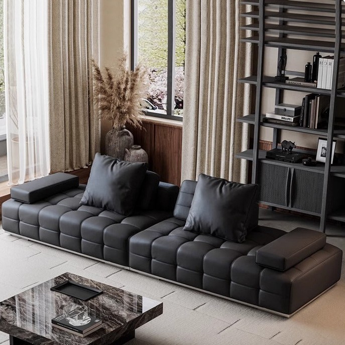 劳伦斯沙发直排真皮意式设计师大平层大户型沙发黑色半青皮沙发