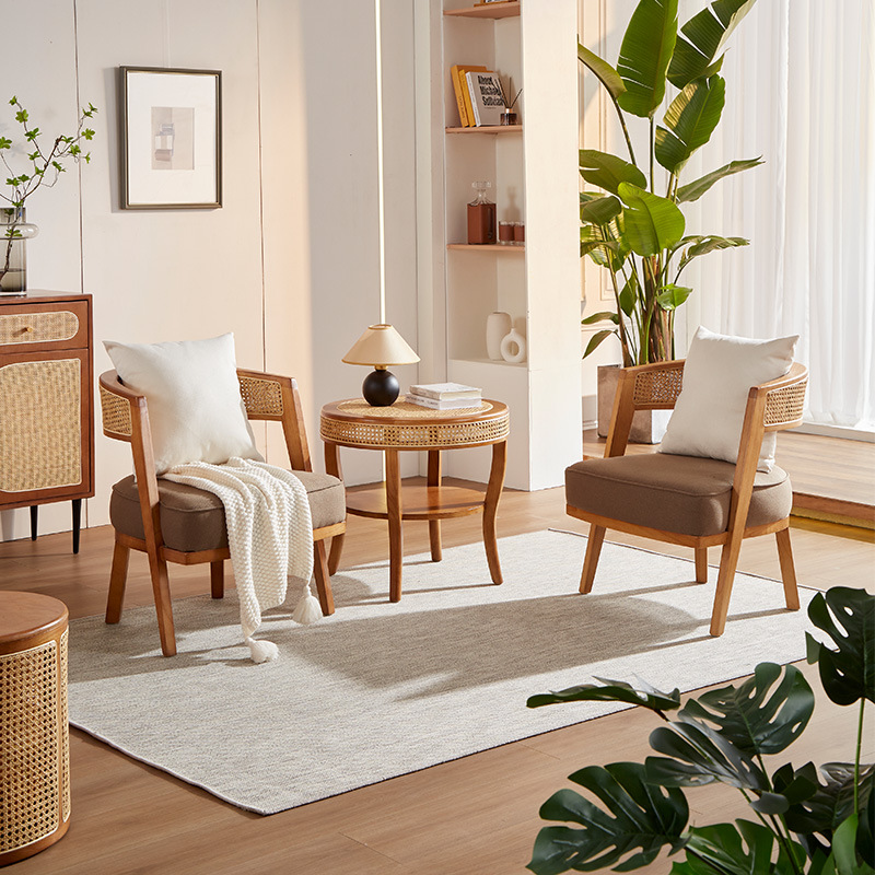 家用藤椅茶几三件套组合民宿阳台休闲沙发椅实木藤编靠背椅侘寂风