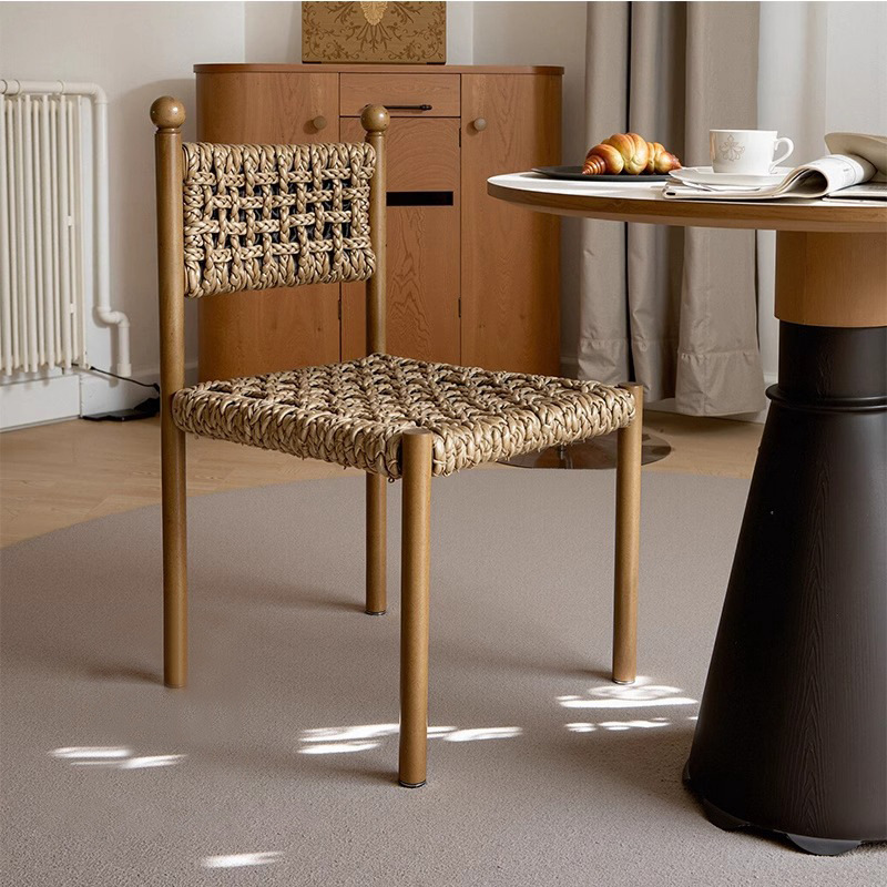 法式侘寂风实木餐椅家用餐厅绳编靠背椅设计师款酒店咖啡厅洽谈椅