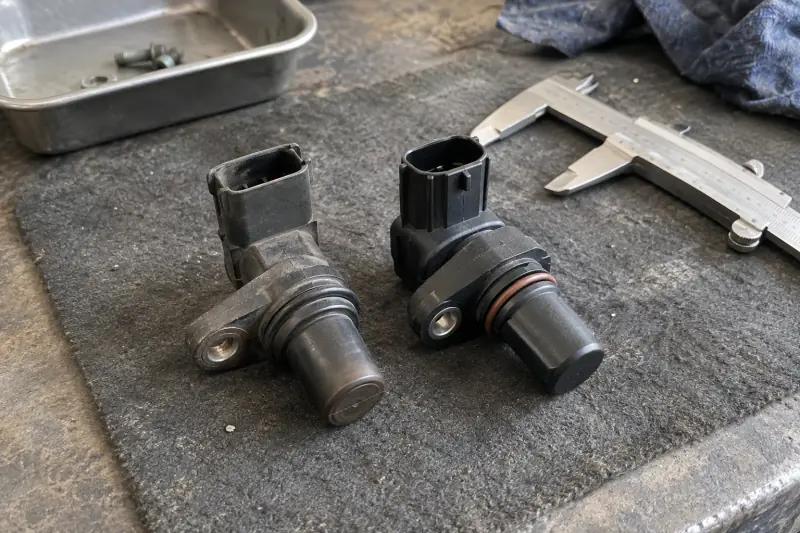 工作台上的两个汽车传感器，连接器和安装部位形状不同，旁边放着卡尺。
