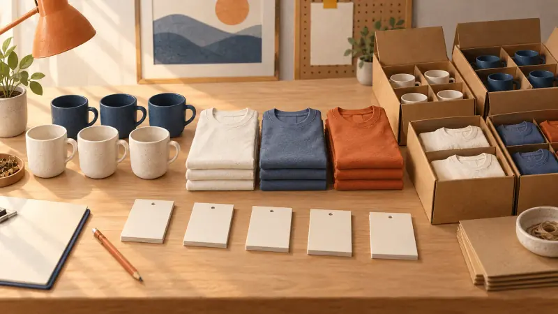 示意图：杯子和折叠衣服按颜色排列，旁边有分隔纸箱和空白商品吊牌。