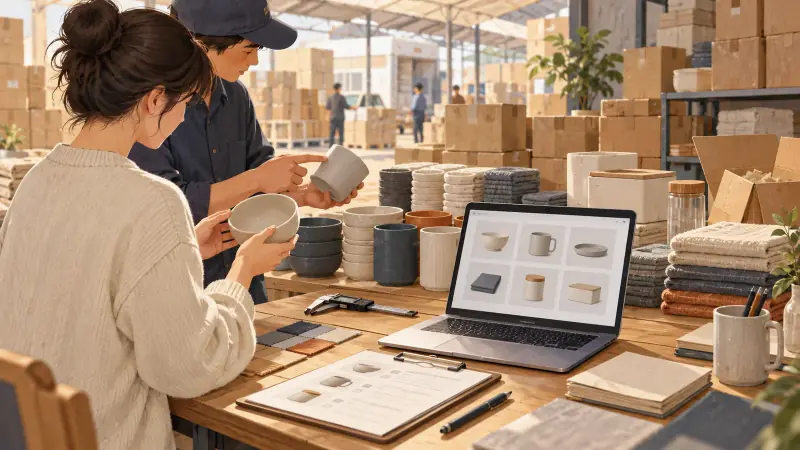 示意图：两人在笔记本电脑商品目录旁查看陶瓷碗和杯子，周围堆着纸箱。