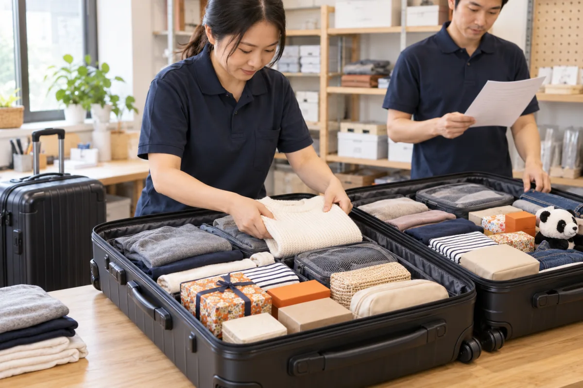 情境示意:工作人员核对购物清单,并将商品分装进多个大容量行李箱