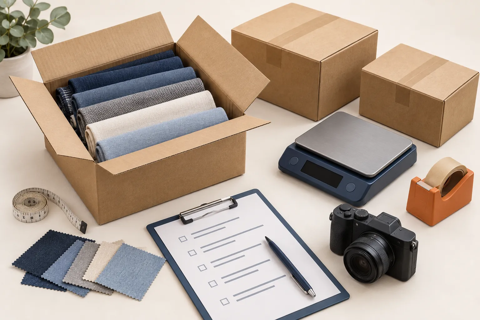Concept illustration of sample checks, QC photos, weighing and packing