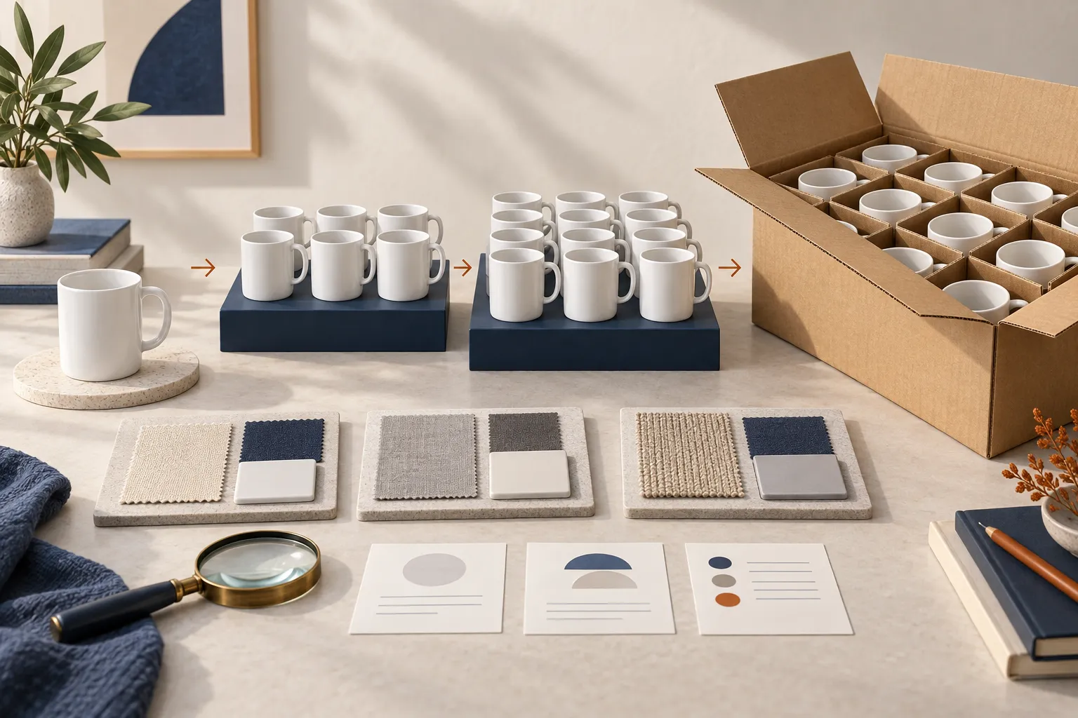 Concept illustration of a sample, wholesale quantities and supplier comparison
