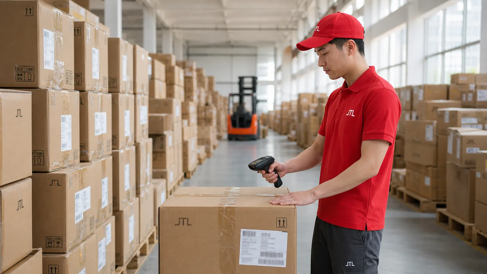 A JTL warehouse worker scanning a carton in a bulk receiving bay stacked with identical cartons on wooden pallets.