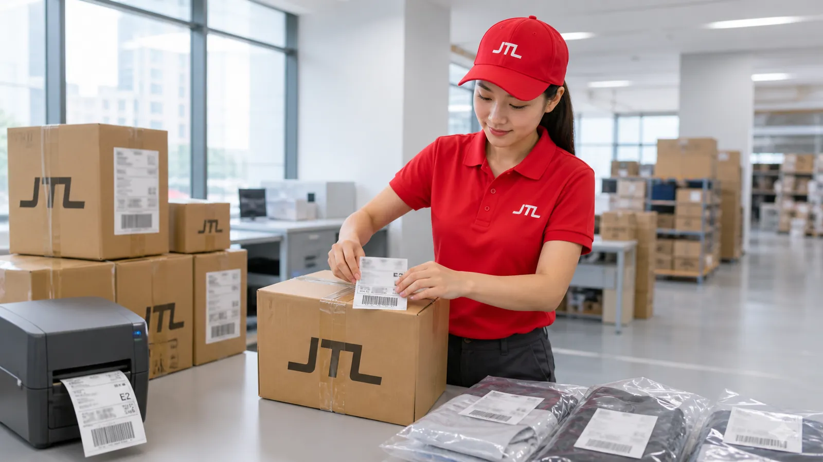 An FBA prep bench at a JTL warehouse: cartons being labelled, a label printer feeding a blank label and polybagged goods stacked ready.