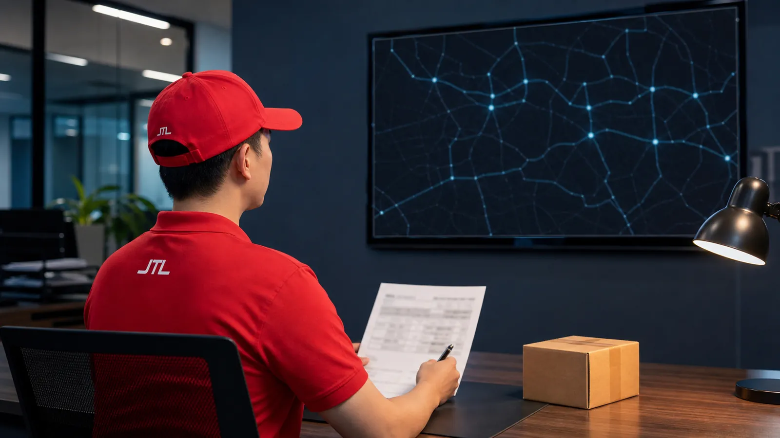 A JTL specialist studying a wall-mounted screen showing an abstract route map, a printed manifest and a carton on the desk in front.