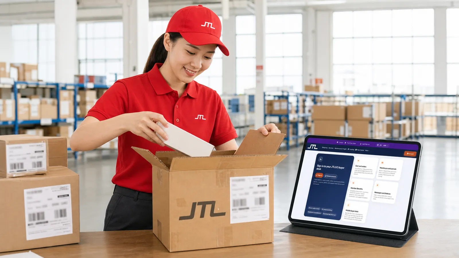 A JTL receiving bench where newly arrived parcels are opened for inspection beside a tablet showing the buyer order list.