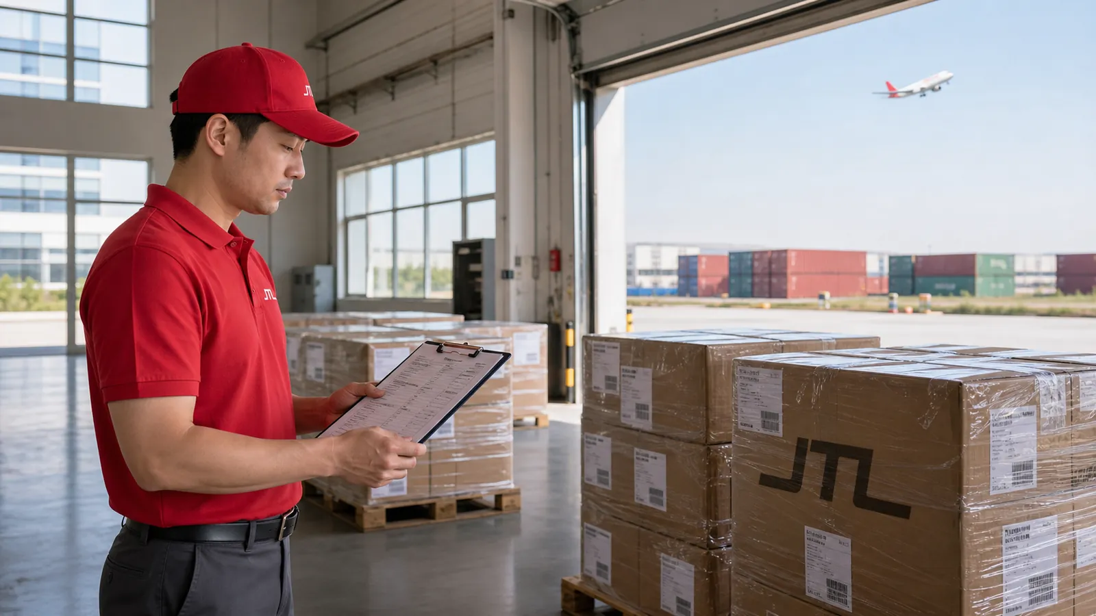 A JTL specialist checking a manifest on a clipboard beside wrapped pallets at an open dock door, with a container yard and departing cargo plane beyond.