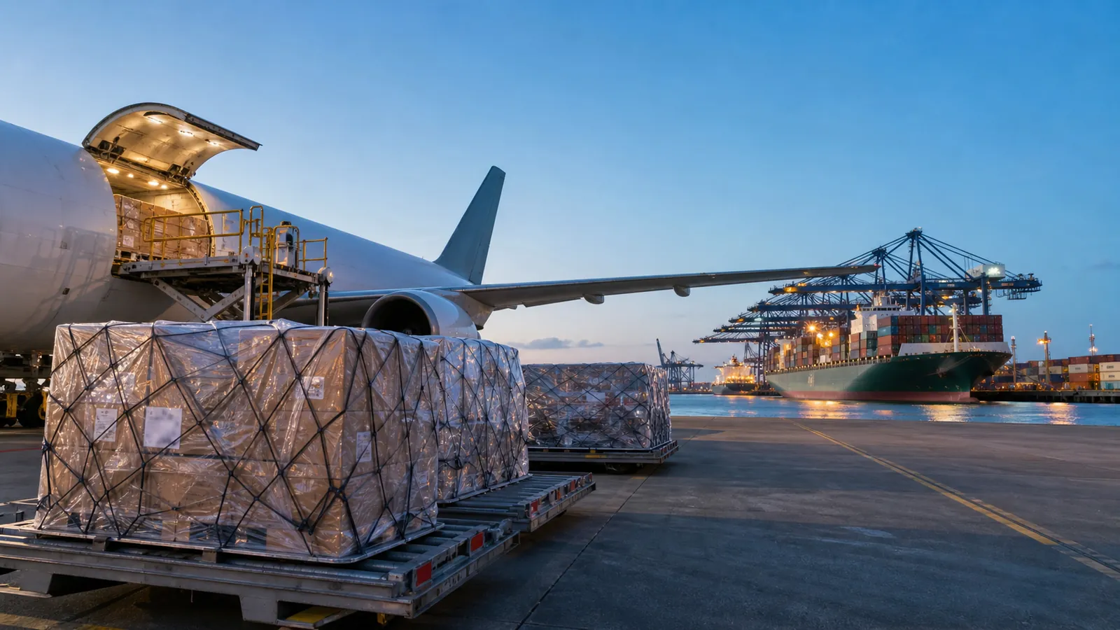 Dusk logistics view contrasting two routes: air-cargo pallets under apron lighting on one side, a lit container terminal across the water on the other.