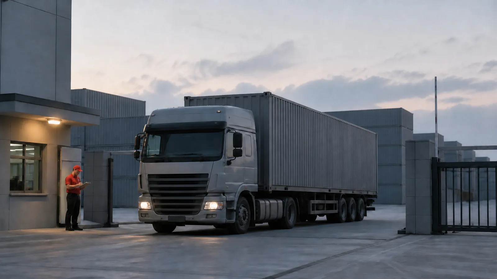 An unmarked container truck pulling out of a logistics park gate at dawn while a JTL worker checks it out on a clipboard.