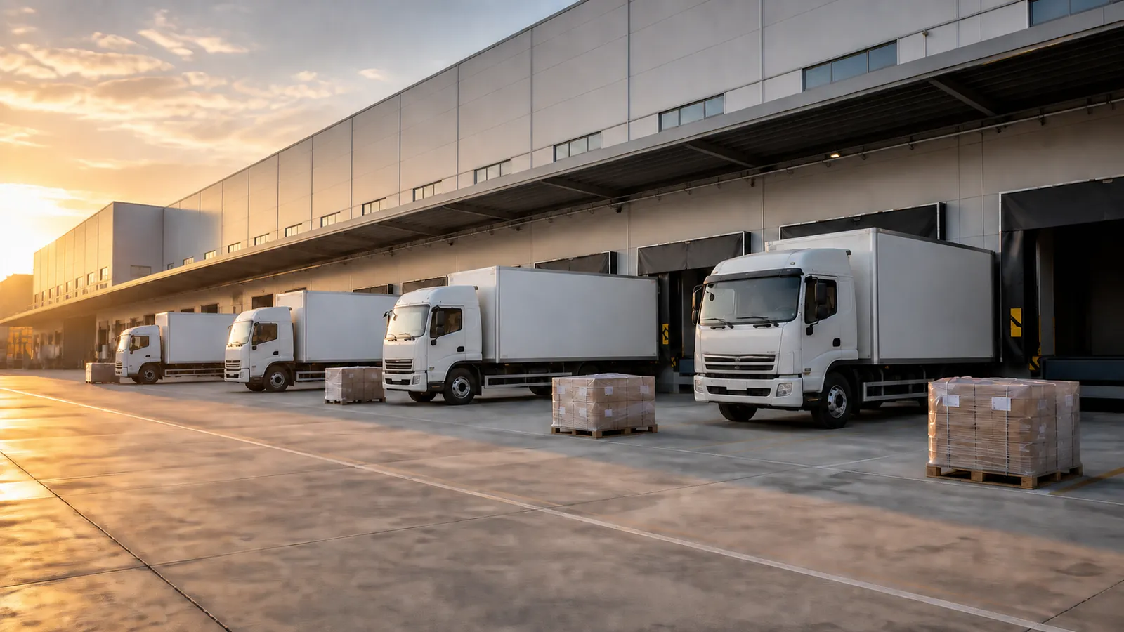 A long distribution-centre dock wall at golden hour with several unmarked white box trucks backed into numbered bays and wrapped pallets staged on the apron.