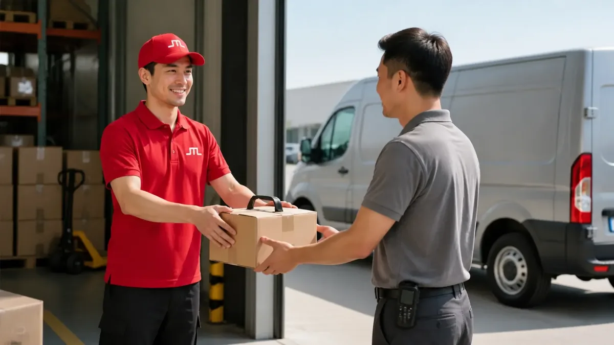 快递包裹测量与航空交接的示意图，并非 DHL 实际场所或人员