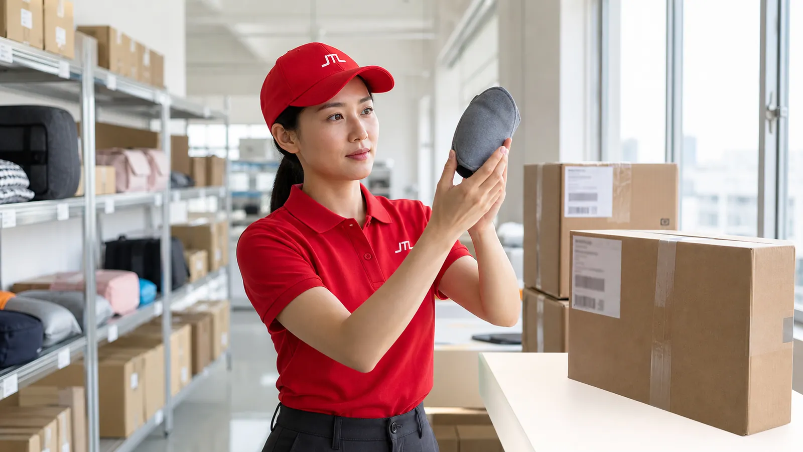 A JTL sourcing specialist holding an unbranded product sample up to the light between a supplier sample shelf and a packing bench.