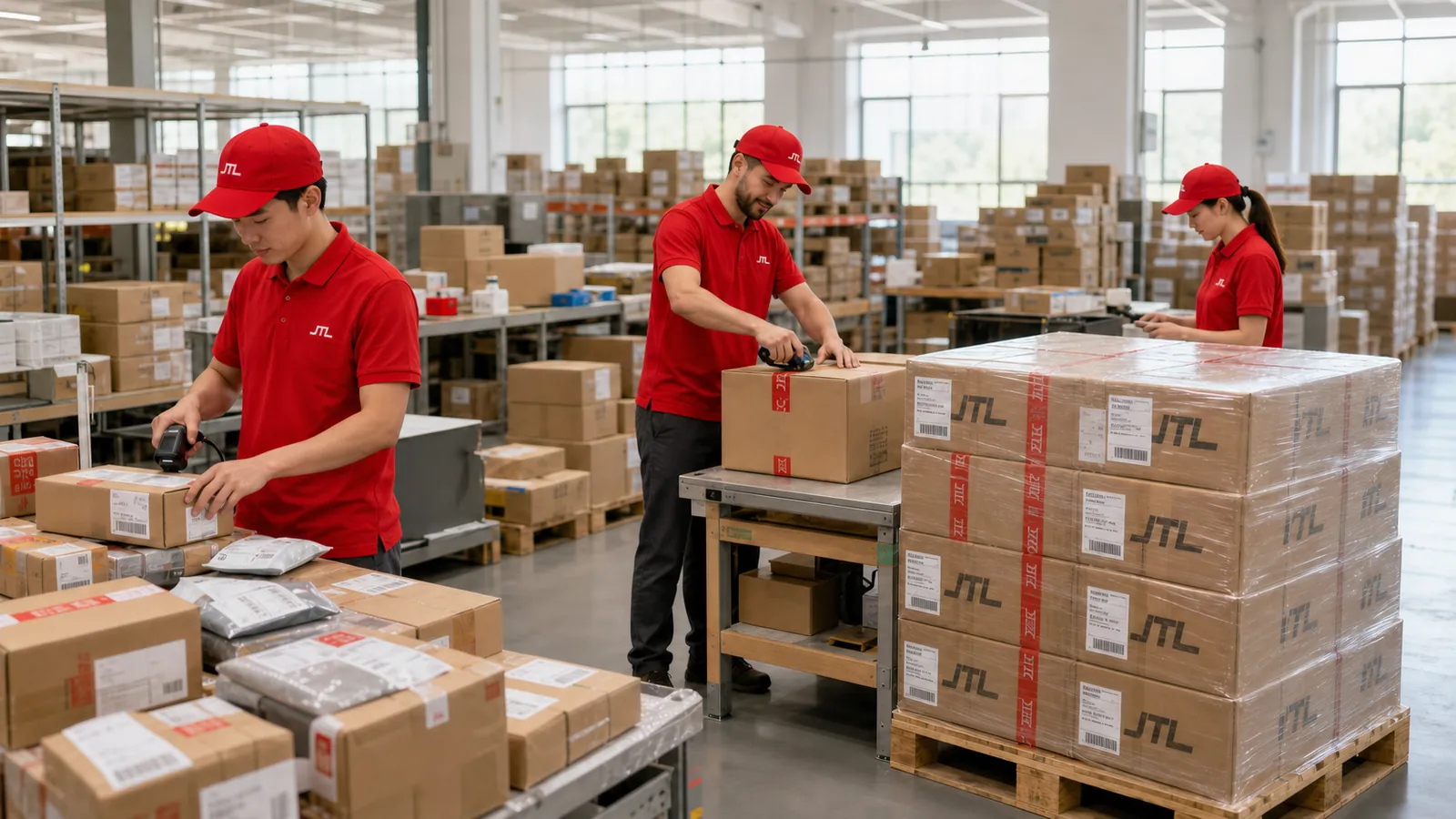 Three JTL warehouse workers at parallel stations: scanning loose parcels, taping a consolidated carton, and checking a wrapped pallet ready for pickup.