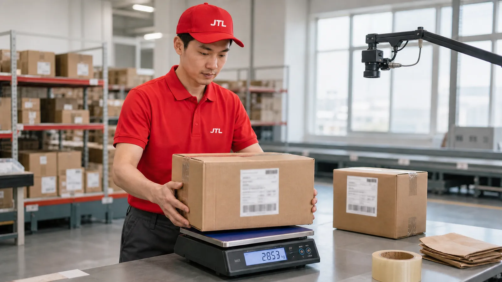 A JTL packing station where a consolidated carton is weighed on a digital platform scale while a second carton waits for its QC photo.