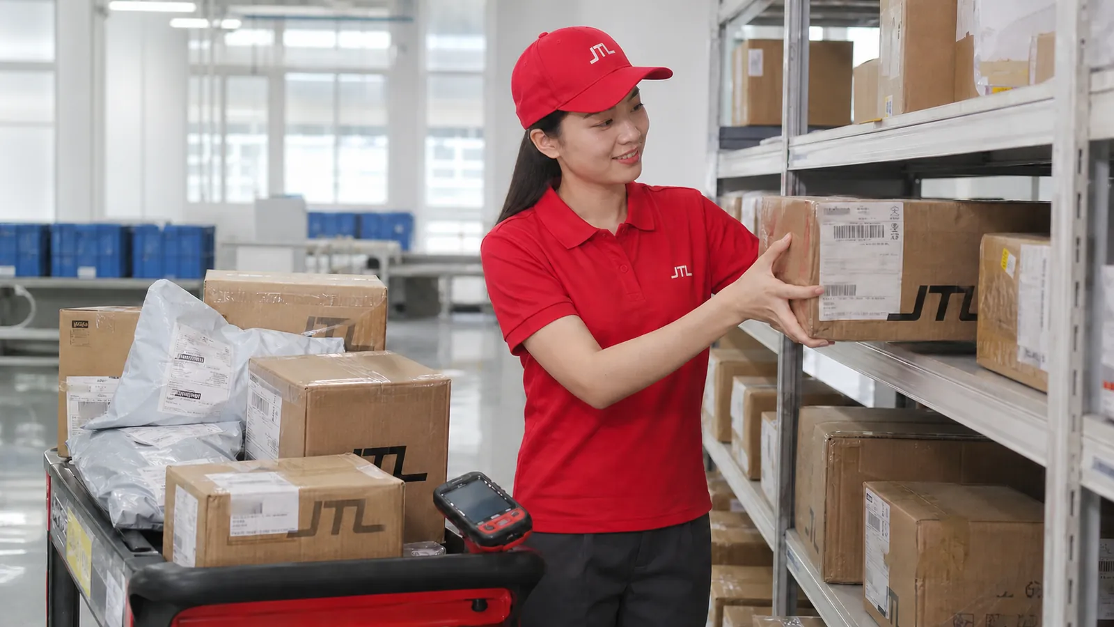 A JTL warehouse worker moving parcels from an unsorted trolley into an organised labelled shelving bay.