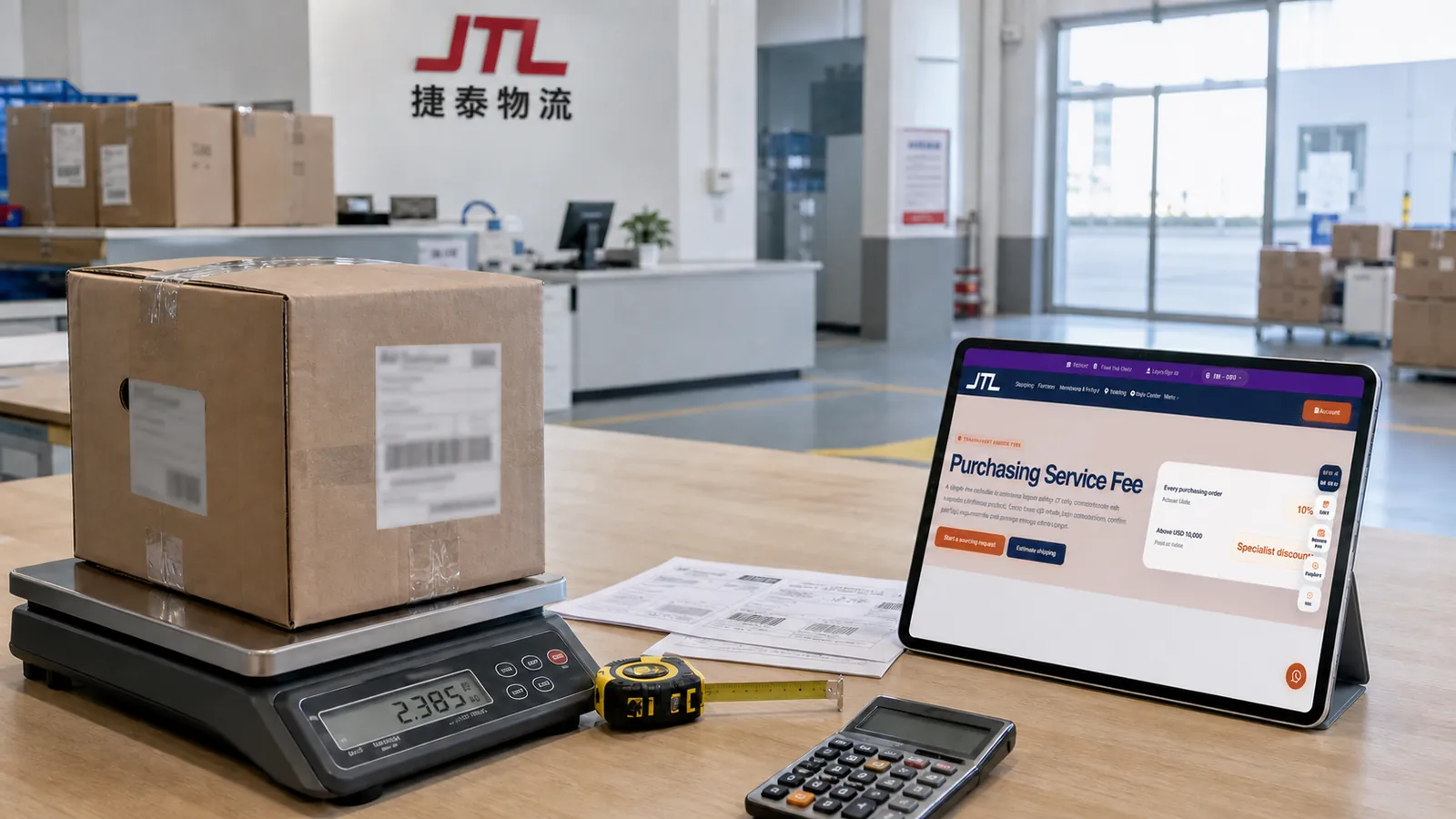 A carton on a digital platform scale beside a tape measure, calculator and a tablet showing the JTLGO purchasing service fee page.
