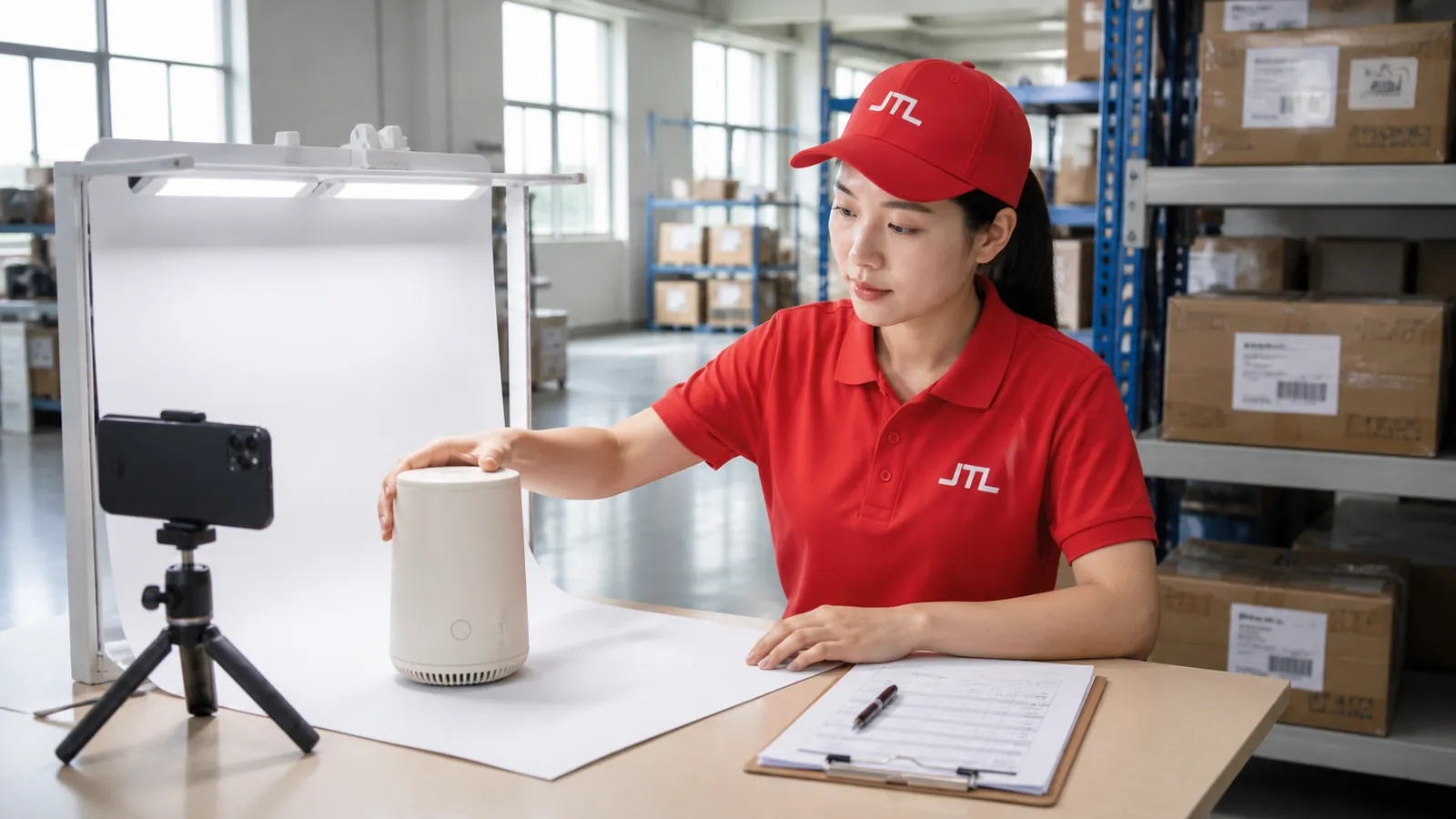 A JTL warehouse inspector photographing an unbranded product on a white sweep, with a phone on a tripod and an inspection checklist on the bench.