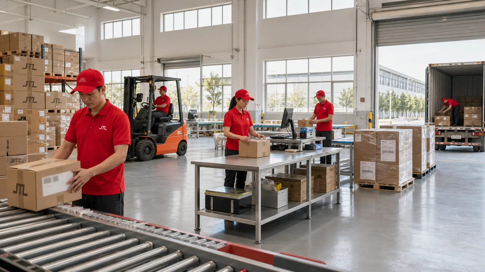 Wide view of a JTL warehouse: goods coming off a roller conveyor, a packing bench in the middle, wrapped pallets staged and a truck loading at the dock door.